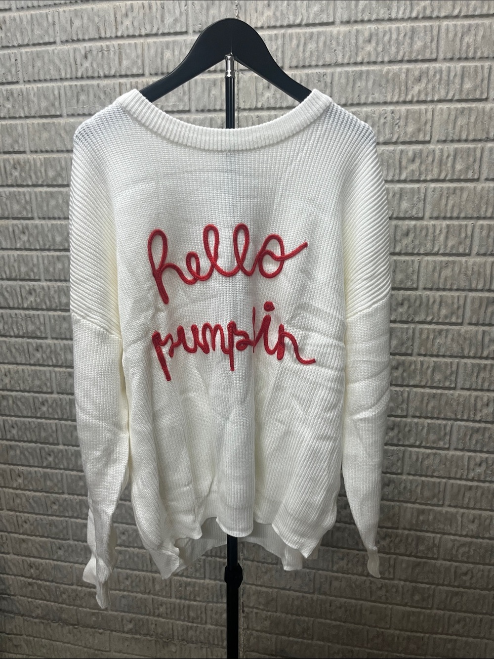 Hello Pumpkin White Knit Sweater with Red Script